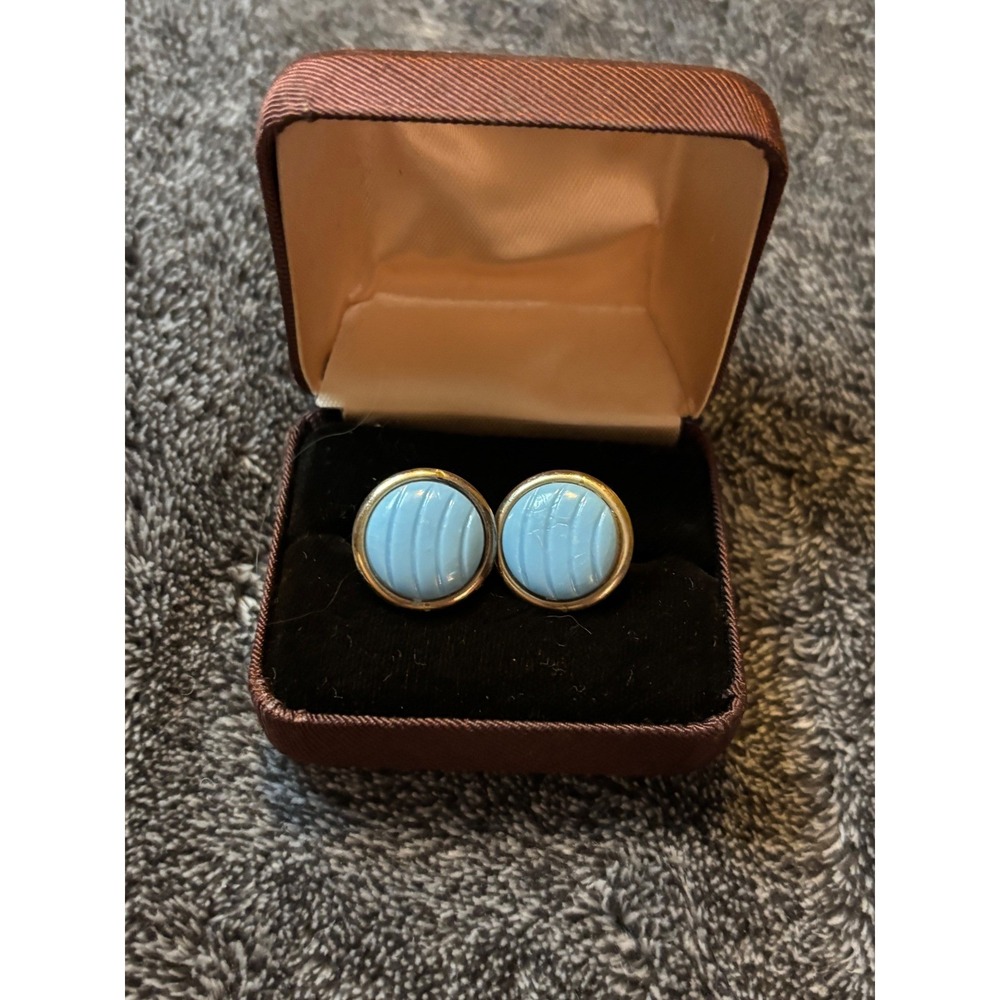 Vintage Gold Tone Light Blue Carved Ridged Round Cufflinks Swivel Bar Toggle
